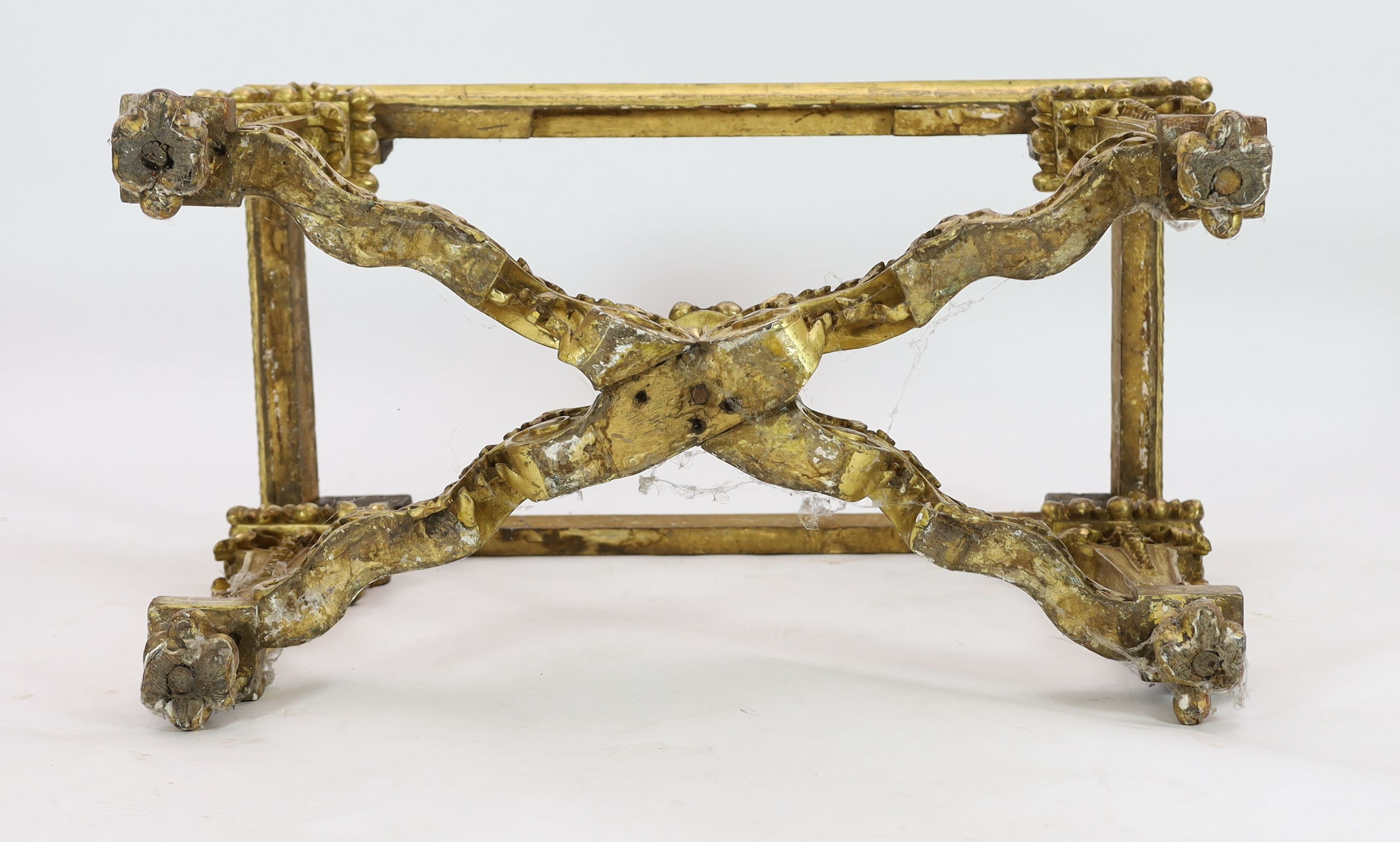 A Louis XIV period carved giltwood console table, W.108cm D.56cm H.82cm